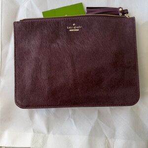 Kate Spade NEW calf fur burgundy handheld clutch plum with Gold Accents
